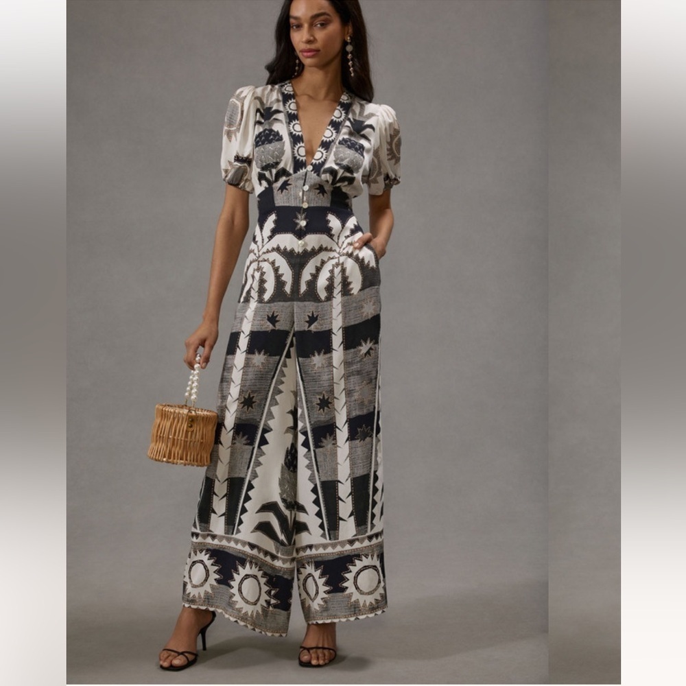 Anthropologie Farm Rio Puff Sleeve Jumpsuit Size Medium NWT - Picture 1 of 15